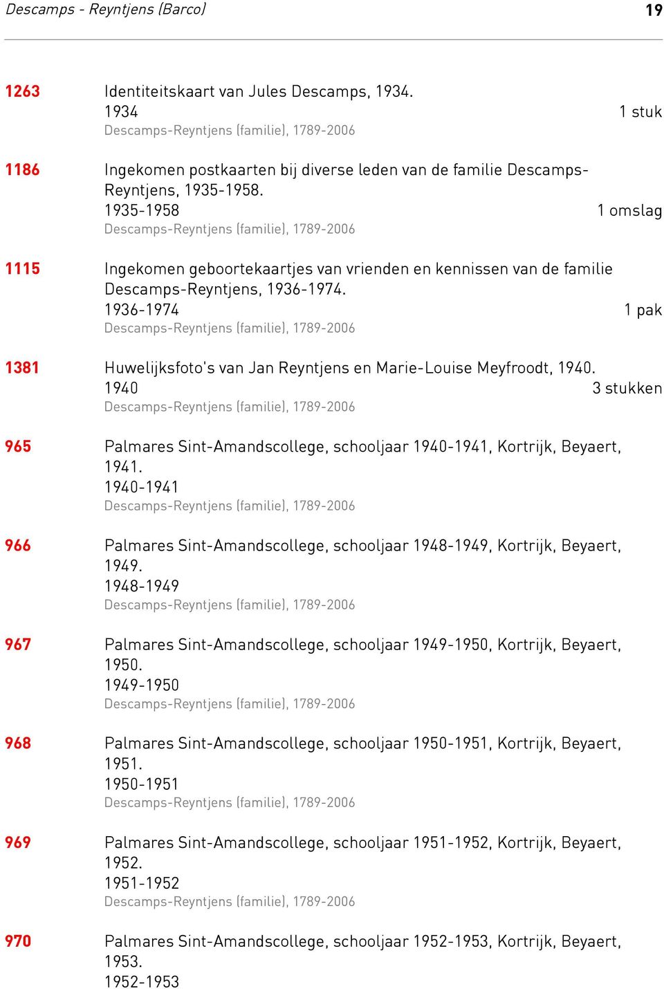 1936-1974 1 pak 1381 Huwelijksfoto's van Jan Reyntjens en Marie-Louise Meyfroodt, 1940. 1940 3 stukken 965 Palmares Sint-Amandscollege, schooljaar 1940-1941, Kortrijk, Beyaert, 1941.