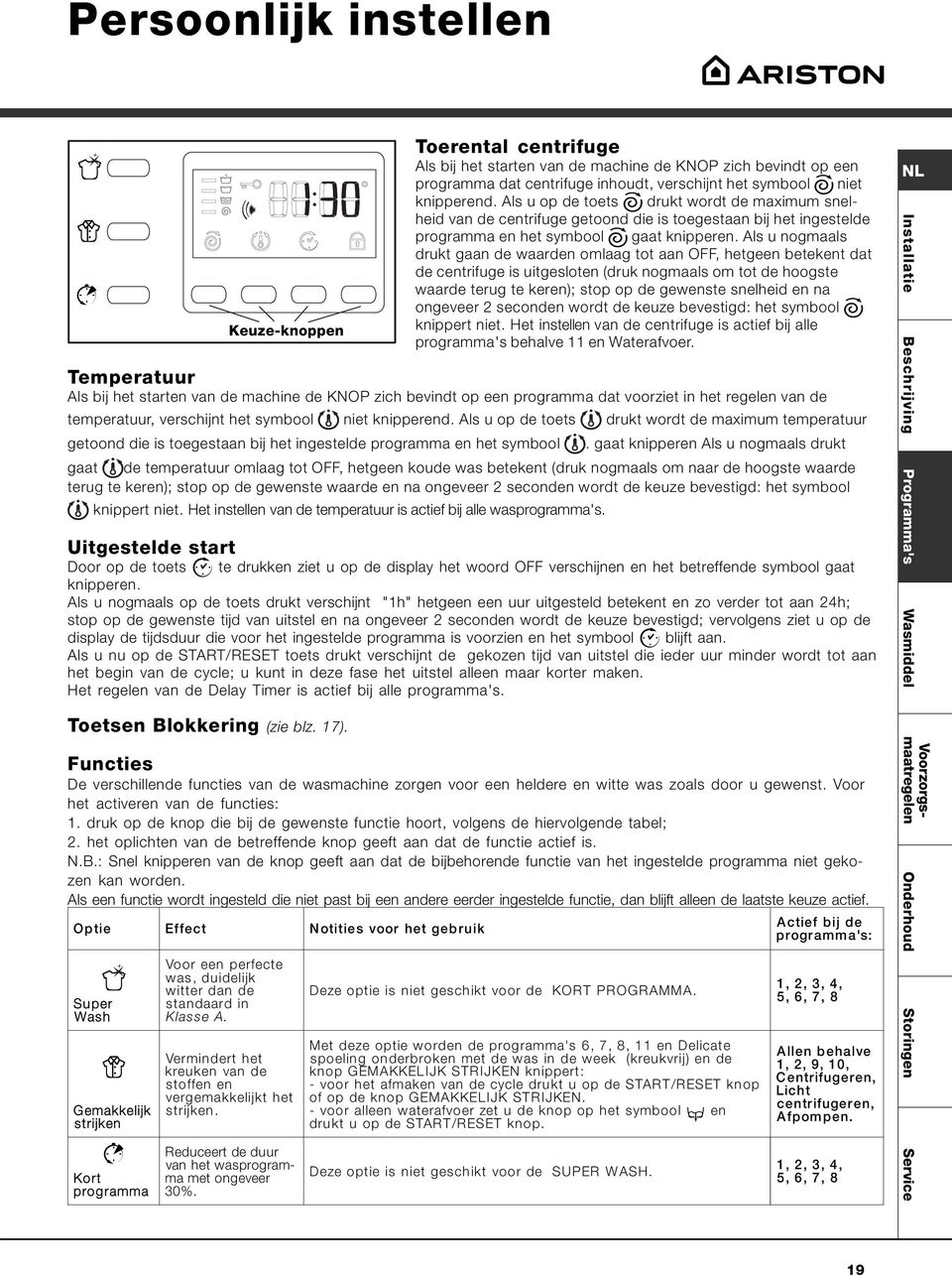 Als u op de toets drukt wordt de maximum snelheid van de centrifuge getoond die is toegestaan bij het ingestelde programma en het symbool gaat knipperen.