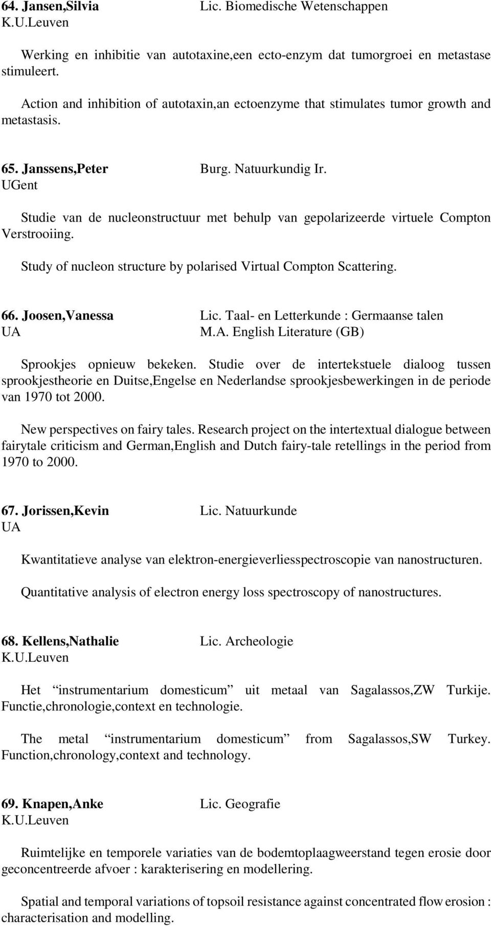 Studie van de nucleonstructuur met behulp van gepolarizeerde virtuele Compton Verstrooiing. Study of nucleon structure by polarised Virtual Compton Scattering. 66. Joosen,Vanessa Lic.