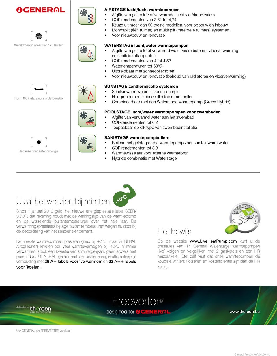 warmtepompen Afgifte van gekoeld of verwarmd water via radiatoren, vloerverwarming en sanitaire aftappunten COP-rendementen van 4 tot 4,52 Watertemperaturen tot 60 C Uitbreidbaar met zonnecollectoren