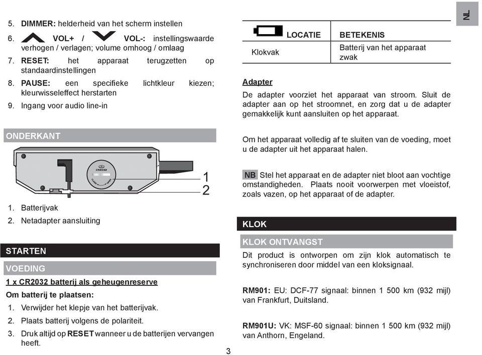 Ingang voor audio line-in Klokvak LOCATIE BETEKENIS Batterij van het apparaat zwak Adapter De adapter voorziet het apparaat van stroom.