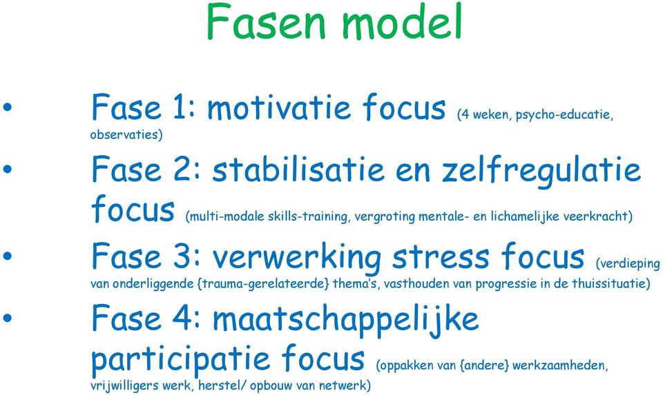 (verdieping van onderliggende {trauma-gerelateerde} thema s, vasthouden van progressie in de thuissituatie) Fase 4: