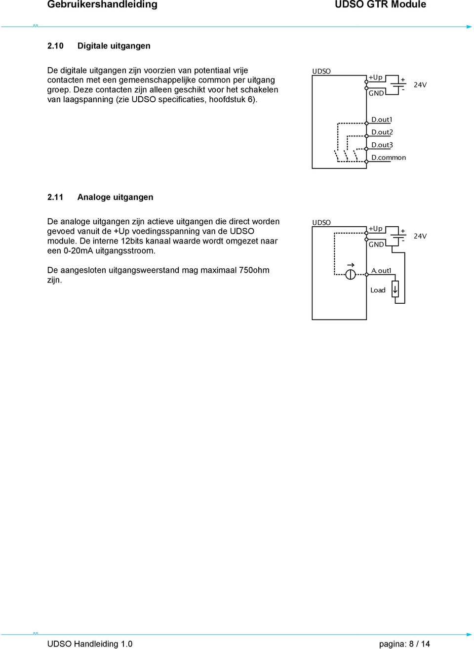 common 2.11 Analoe uitanen De analoe uitanen zijn actieve uitanen die direct worden evoed vanuit de Up voedinsspannin van de UDSO module.