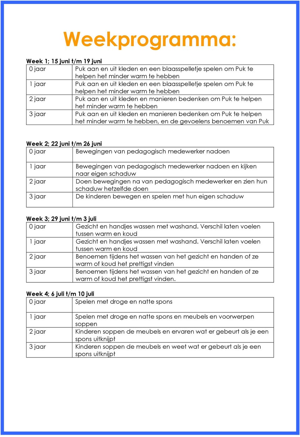 te helpen het minder warm te hebben, en de gevoelens benoemen van Puk Week 2; 22 juni t/m 26 juni 0 jaar Bewegingen van pedagogisch medewerker nadoen 1 jaar Bewegingen van pedagogisch medewerker