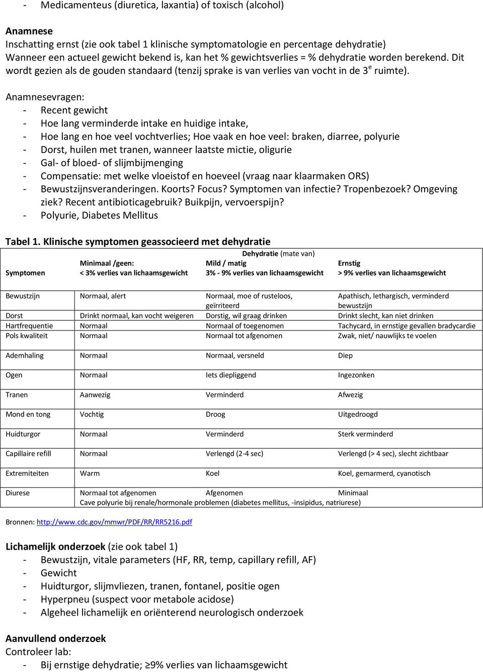 Anamnesevragen: - Recent gewicht - Hoe lang verminderde intake en huidige intake, - Hoe lang en hoe veel vochtverlies; Hoe vaak en hoe veel: braken, diarree, polyurie - Dorst, huilen met tranen,