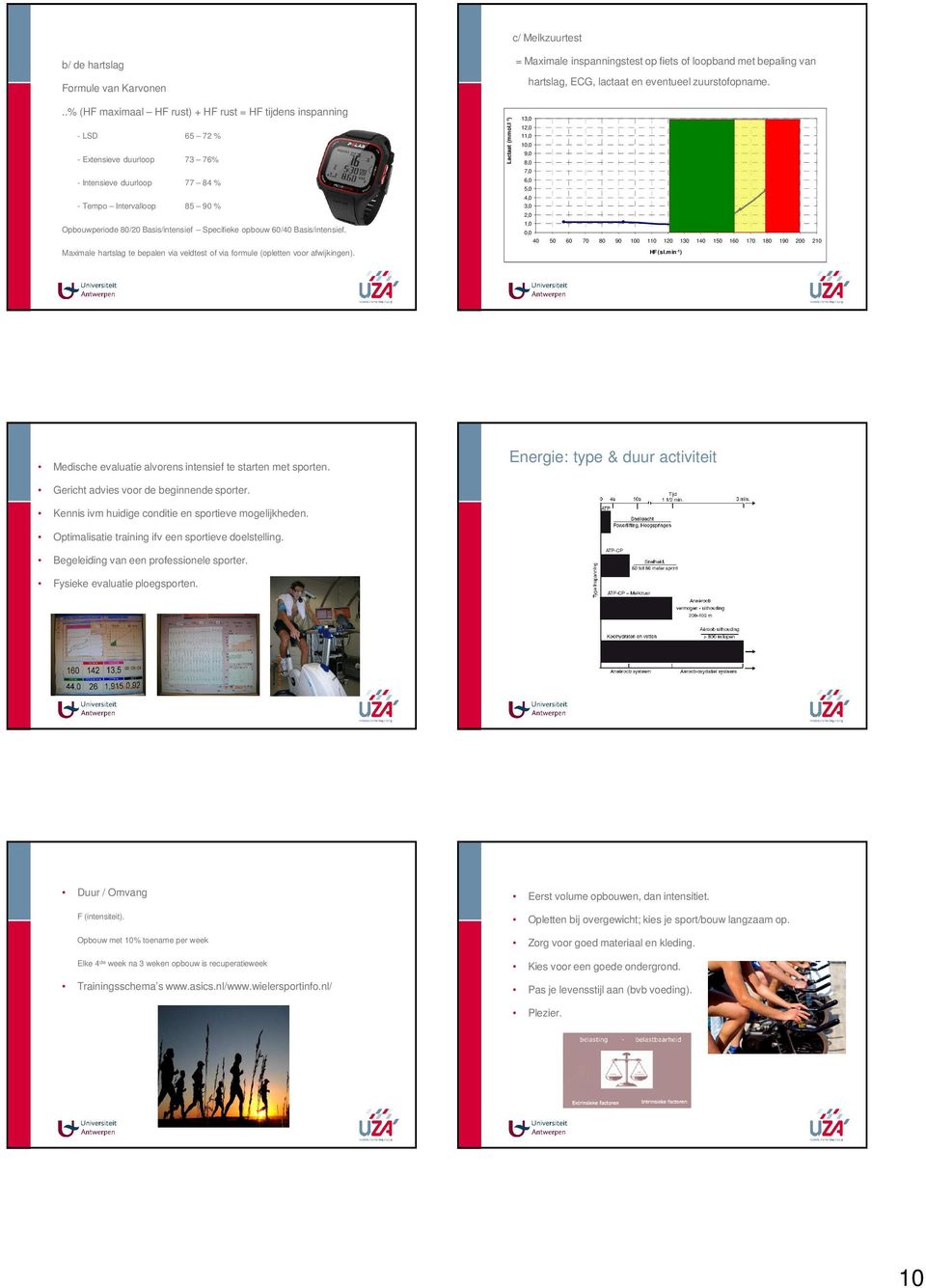 Specifieke opbouw 60/40 Basis/intensief. Maximale hartslag te bepalen via veldtest of via formule (opletten voor afwijkingen). Lactaat (mmol.