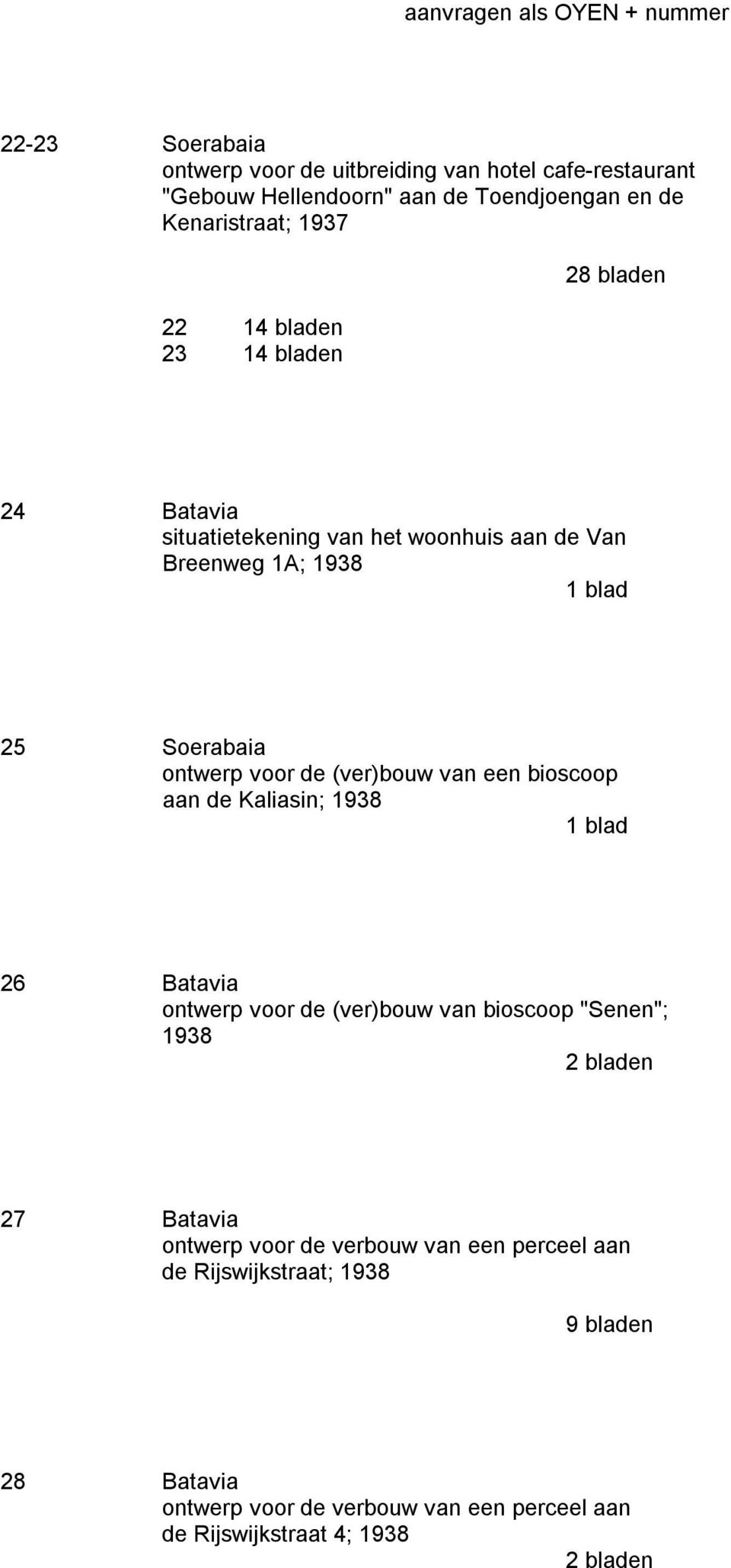 (ver)bouw van een bioscoop aan de Kaliasin; 1938 26 Batavia ontwerp voor de (ver)bouw van bioscoop "Senen"; 1938 27 Batavia ontwerp voor