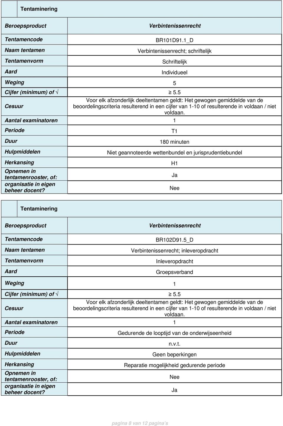 Aantal examinatoren 1 Periode Duur Hulpmiddelen Herkansing Opnemen in tentamenrooster, of: organisatie in eigen beheer docent?