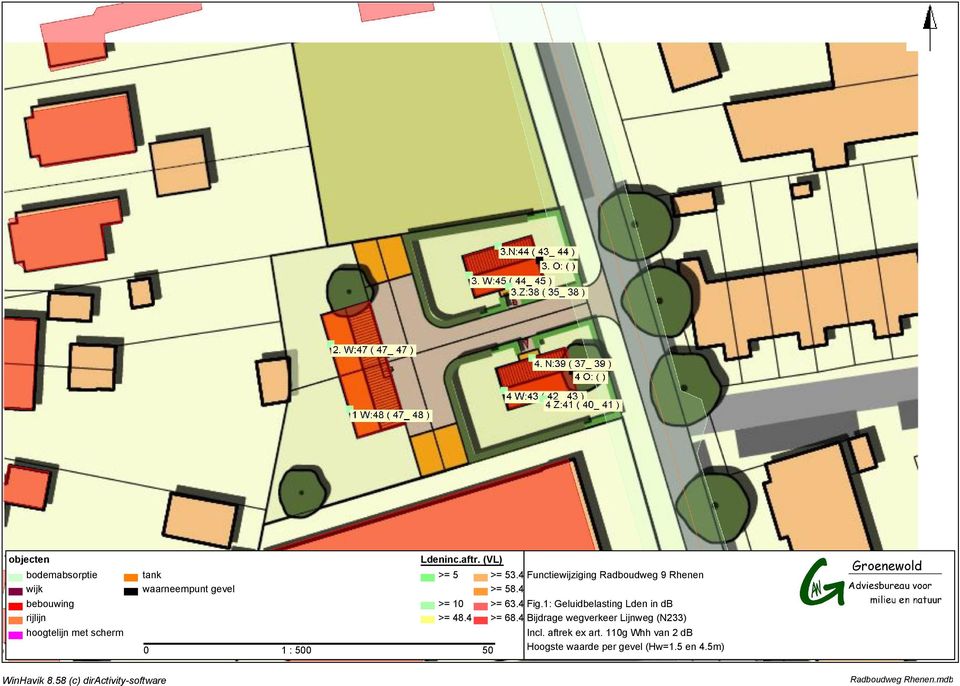 1: Geluidbelasting Lden in db >= 68.4 Bijdrage wegverkeer Lijnweg (N233) Incl. aftrek ex art.