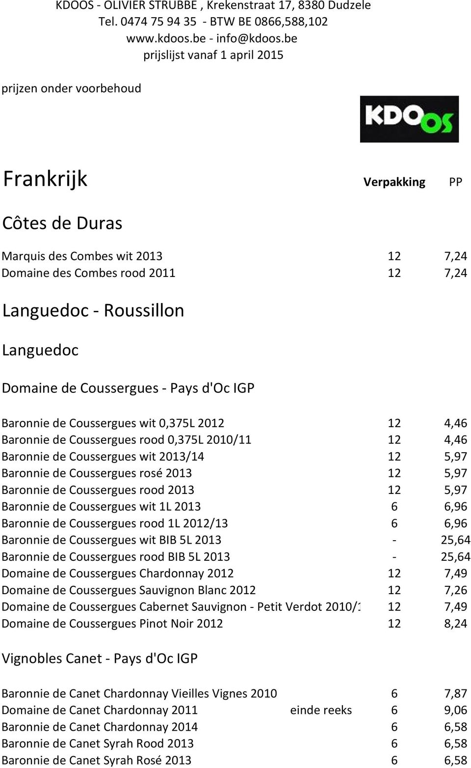 Languedoc Domaine de Coussergues - Pays d'oc IGP Baronnie de Coussergues wit 0,375L 2012 12 4,46 Baronnie de Coussergues rood 0,375L 2010/11 12 4,46 Baronnie de Coussergues wit 2013/14 12 5,97