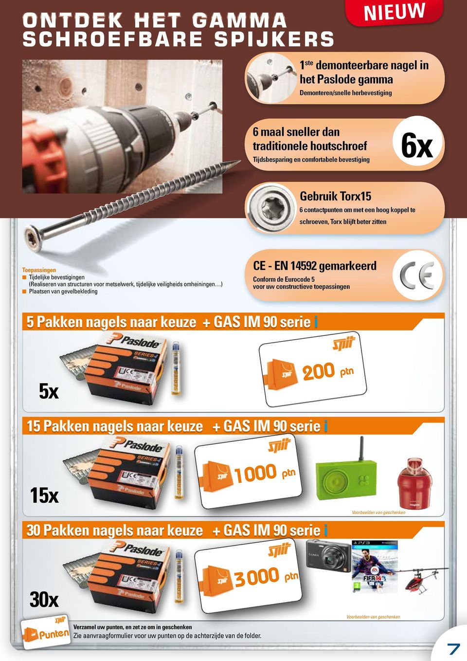 tijdelijke veiligheids omheiningen ) Plaatsen van gevelbekleding CE - EN 14592 gemarkeerd Conform de Eurocode 5 voor uw constructieve toepassingen 5 Pakken nagels naar keuze + GAS IM 90 serie i 5x