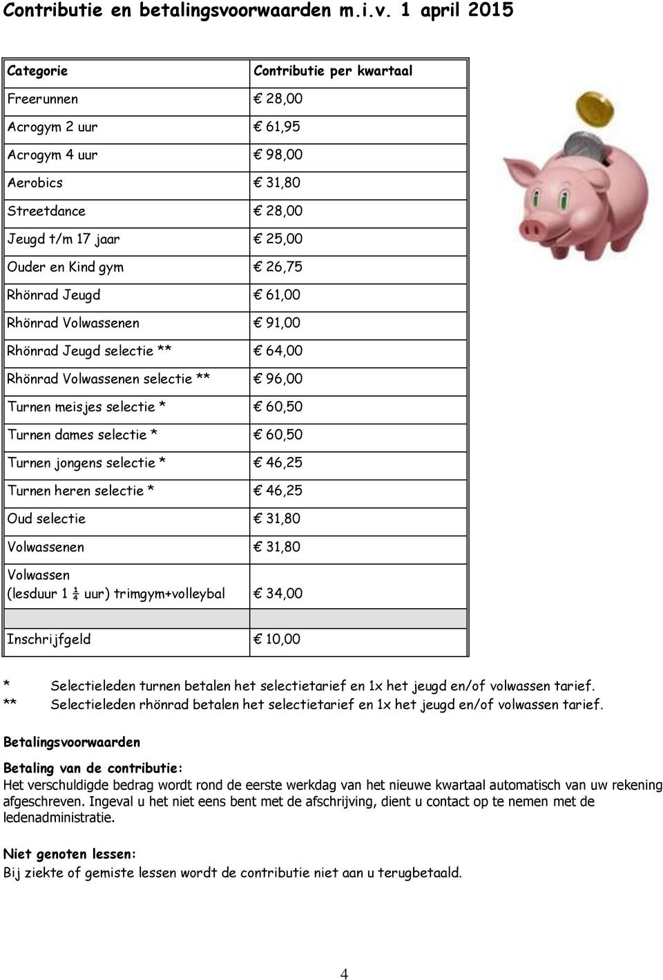 1 april 2015 Categorie Contributie per kwartaal Freerunnen 28,00 Acrogym 2 uur 61,95 Acrogym 4 uur 98,00 Aerobics 31,80 Streetdance 28,00 Jeugd t/m 17 jaar 25,00 Ouder en Kind gym 26,75 Rhönrad Jeugd