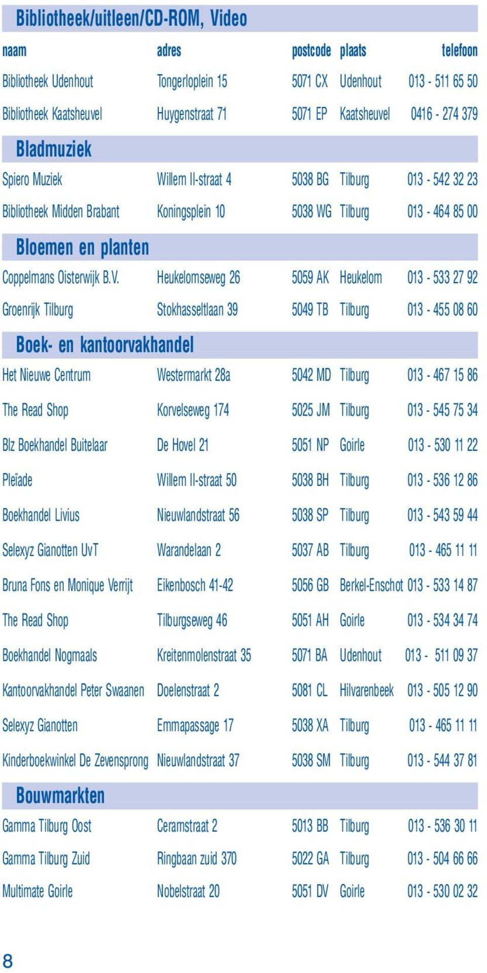 Heukelomseweg 26 5059 AK Heukelom 013-533 27 92 Groenrijk Tilburg Stokhasseltlaan 39 5049 TB Tilburg 013-455 08 60 Boek- en kantoorvakhandel Het Nieuwe Centrum Westermarkt 28a 5042 MD Tilburg 013-467