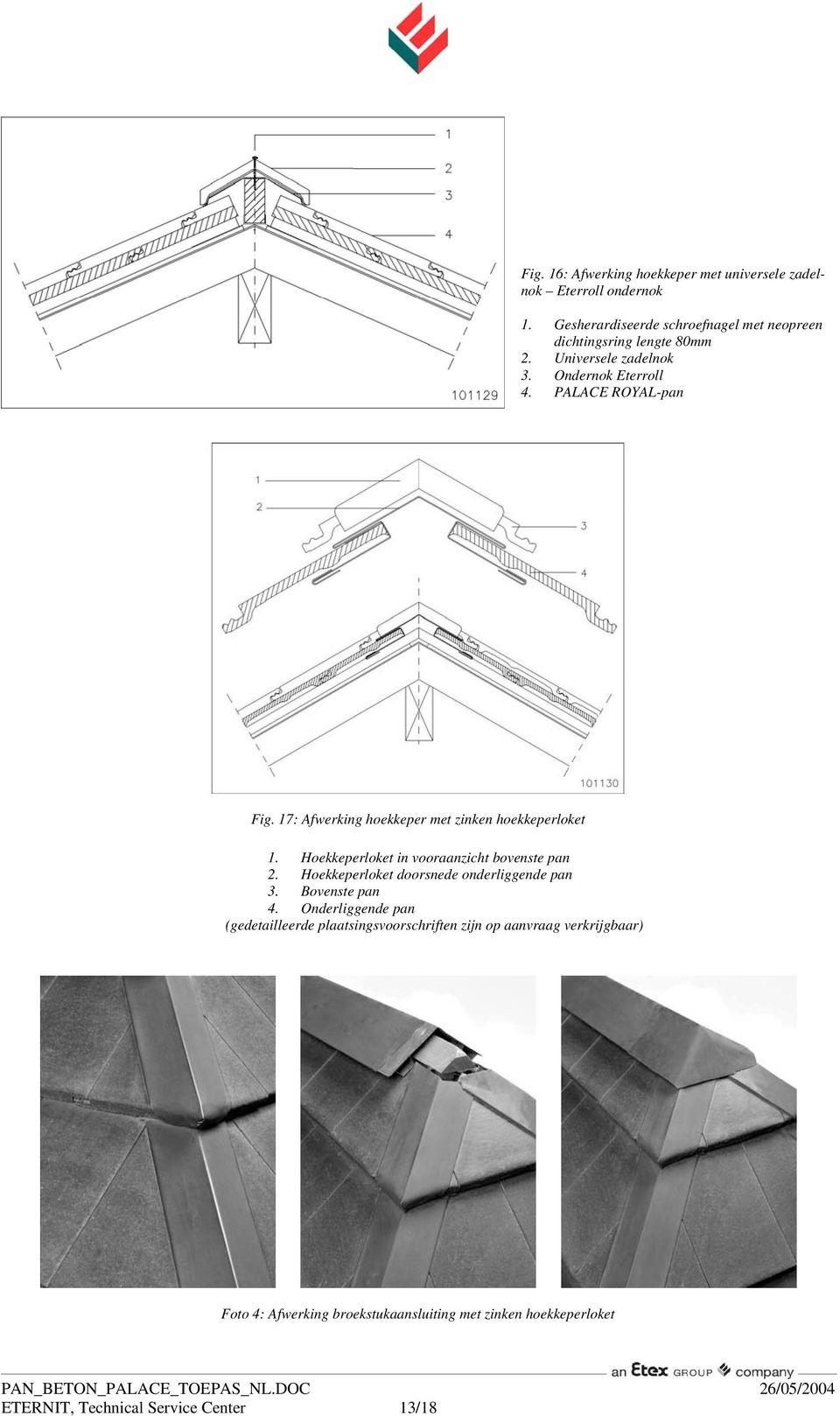 17: Afwerking hoekkeper met zinken hoekkeperloket 1. Hoekkeperloket in vooraanzicht bovenste pan 2.