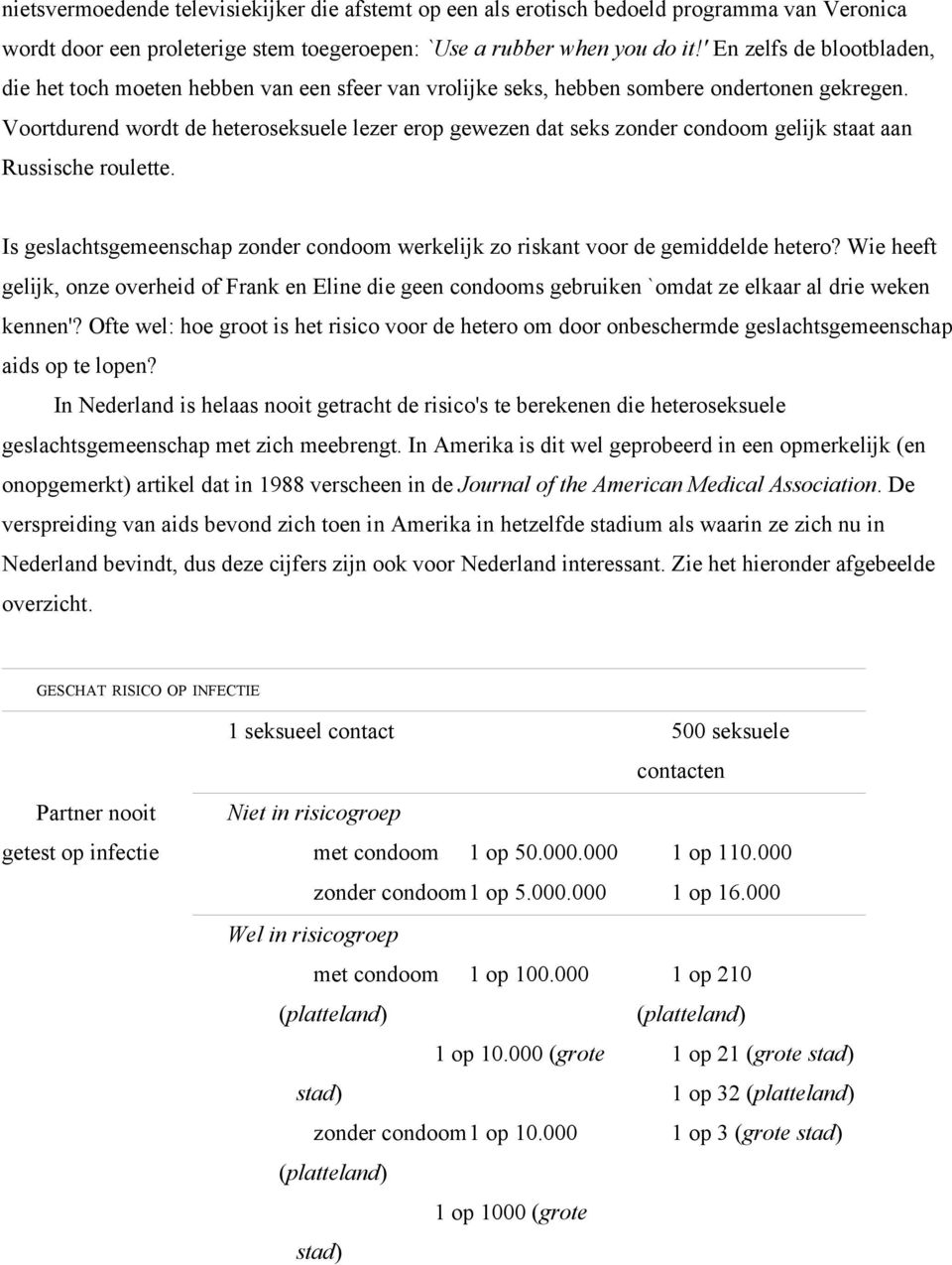 Voortdurend wordt de heteroseksuele lezer erop gewezen dat seks zonder condoom gelijk staat aan Russische roulette.