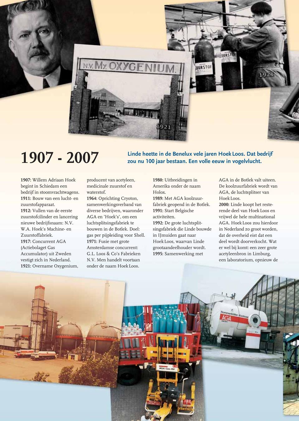 1912: Vullen van de eerste zuurstofcilinder en lancering nieuwe bedrijfsnaam: N.V. W.A. Hoek s Machine- en Zuurstoffabriek.