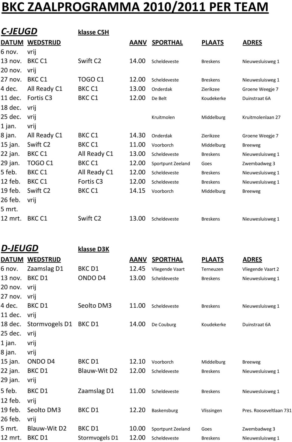 vrij 25 dec. vrij Kruitmolen Middelburg Kruitmolenlaan 27 1 jan. vrij 8 jan. All Ready C1 BKC C1 14.30 Onderdak Zierikzee Groene Weegje 7 15 jan. Swift C2 BKC C1 11.