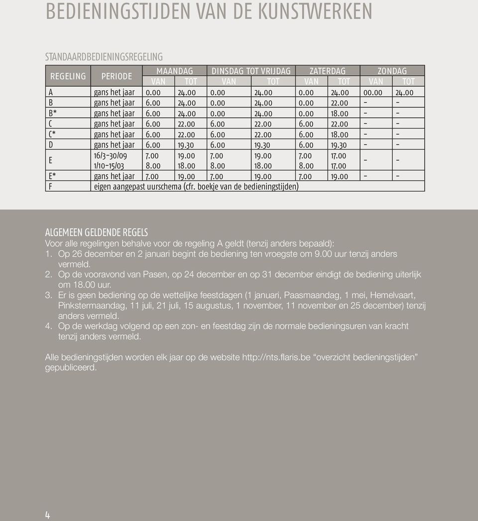 00 19.30 6.00 19.30 6.00 19.30 - - E 16/3-30/09 7.00 19.00 7.00 19.00 7.00 17.00 1/10-15/03 8.00 18.00 8.00 18.00 8.00 17.00 - - E* gans het jaar 7.00 19.00 7.00 19.00 7.00 19.00 - - F eigen aangepast uurschema (cfr.