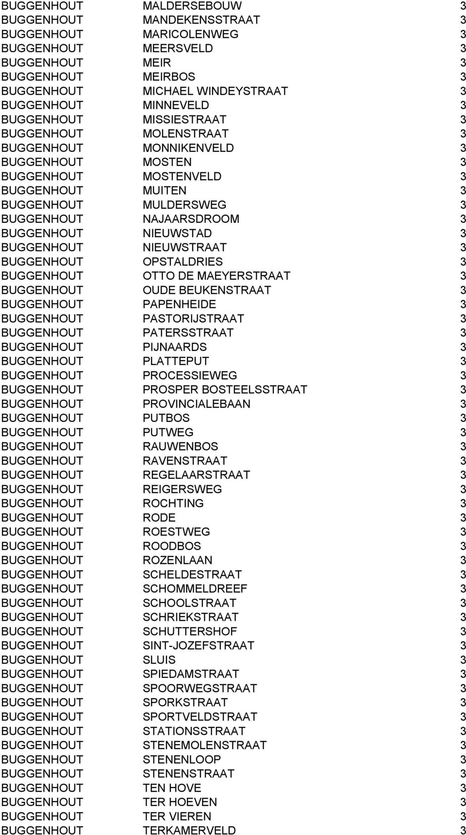 BUGGENHOUT NIEUWSTAD 3 BUGGENHOUT NIEUWSTRAAT 3 BUGGENHOUT OPSTALDRIES 3 BUGGENHOUT OTTO DE MAEYERSTRAAT 3 BUGGENHOUT OUDE BEUKENSTRAAT 3 BUGGENHOUT PAPENHEIDE 3 BUGGENHOUT PASTORIJSTRAAT 3