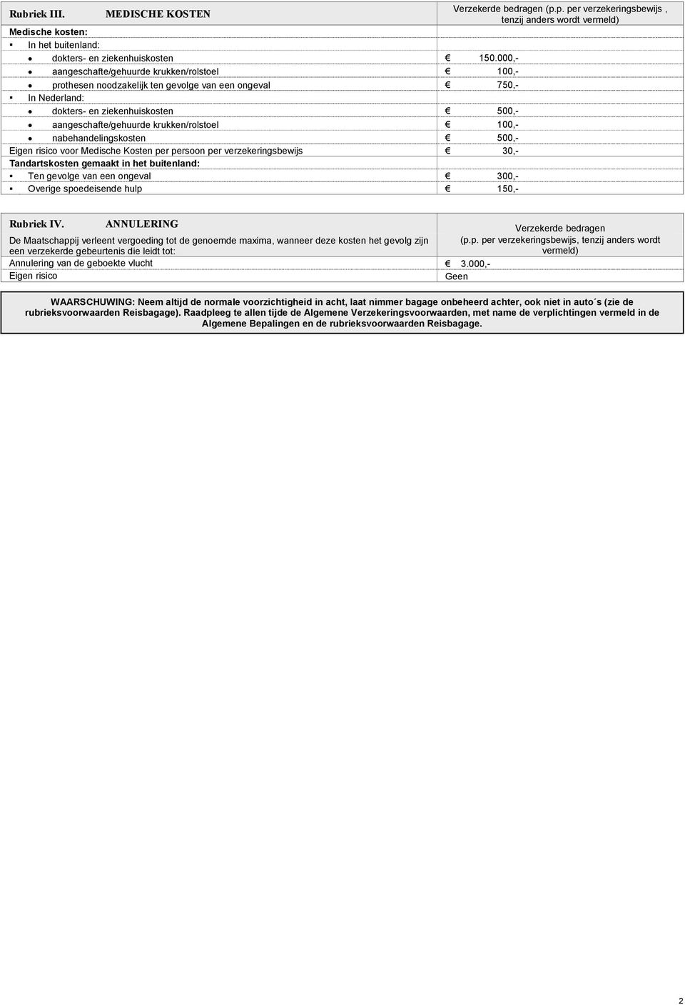 nabehandelingskosten 500,- Eigen risico voor Medische Kosten per persoon per verzekeringsbewijs 30,- Tandartskosten gemaakt in het buitenland: Ten gevolge van een ongeval 300,- Overige spoedeisende