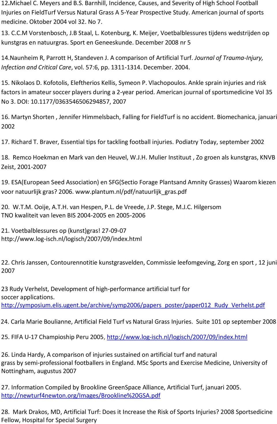 Sport en Geneeskunde. December 2008 nr 5 14.Naunheim R, Parrott H, Standeven J. A comparison of Artificial Turf. Journal of Trauma-Injury, Infection and Critical Care, vol. 57:6, pp. 1311-1314.