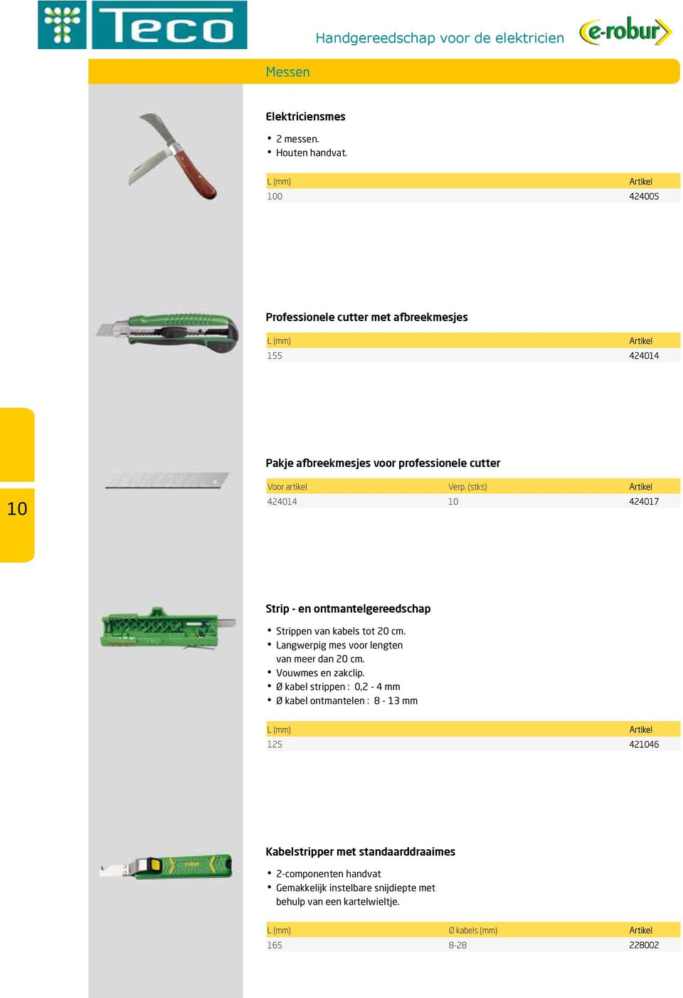 (stks) 424014 10 424017 Strip - en ontmantelgereedschap Strippen van kabels tot 20 cm. Langwerpig mes voor lengten van meer dan 20 cm.