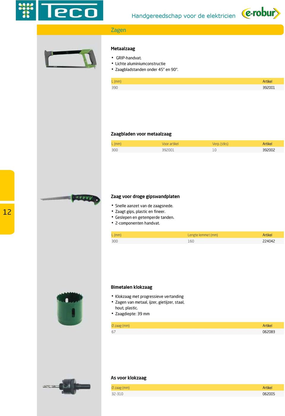 (stks) 300 392001 10 392002 Zaag voor droge gipswandplaten 12 Snelle aanzet van de zaagsnede. Zaagt gips, plastic en fineer.