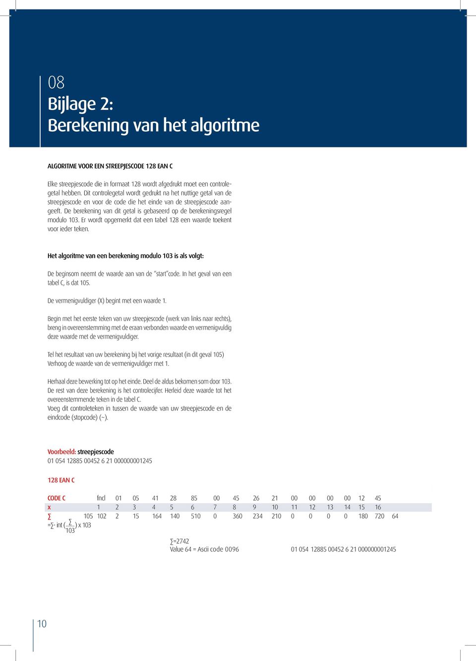 De berekening van dit getal is gebaseerd op de berekeningsregel modulo 103. Er wordt opgemerkt dat een tabel 128 een waarde toekent voor ieder teken.