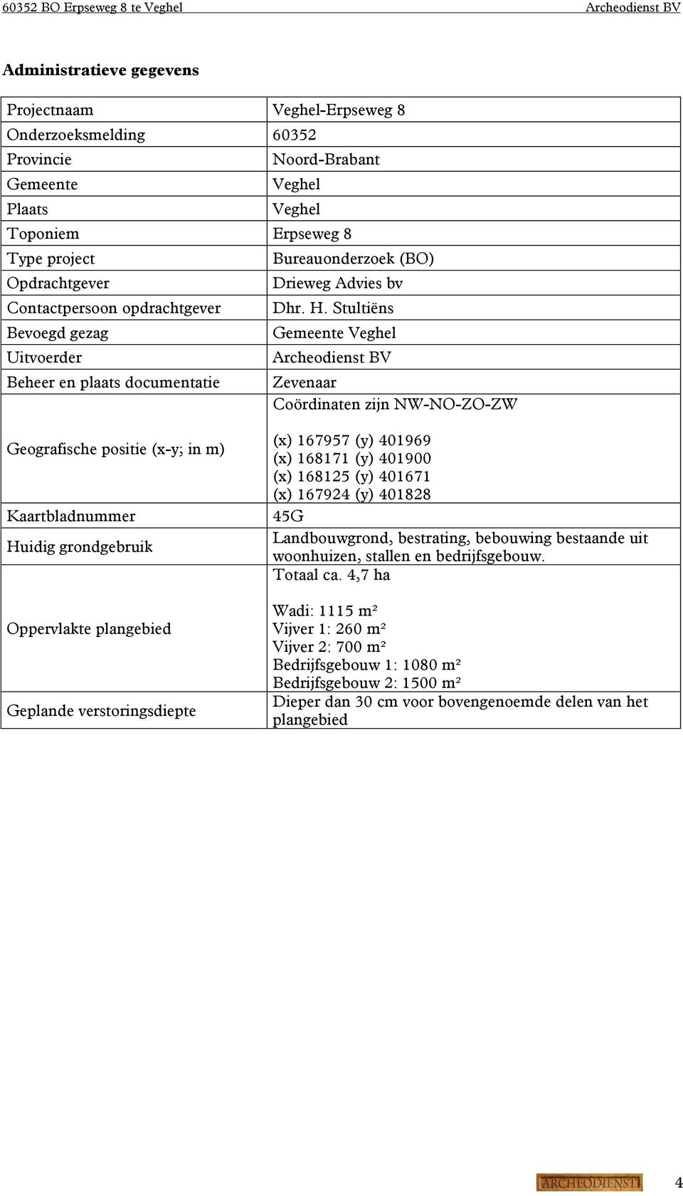 Stultiëns Bevoegd gezag Gemeente Veghel Uitvoerder Archeodienst BV Beheer en plaats documentatie Zevenaar Coördinaten zijn NW-NO-ZO-ZW Geografische positie (x-y; in m) Kaartbladnummer Huidig