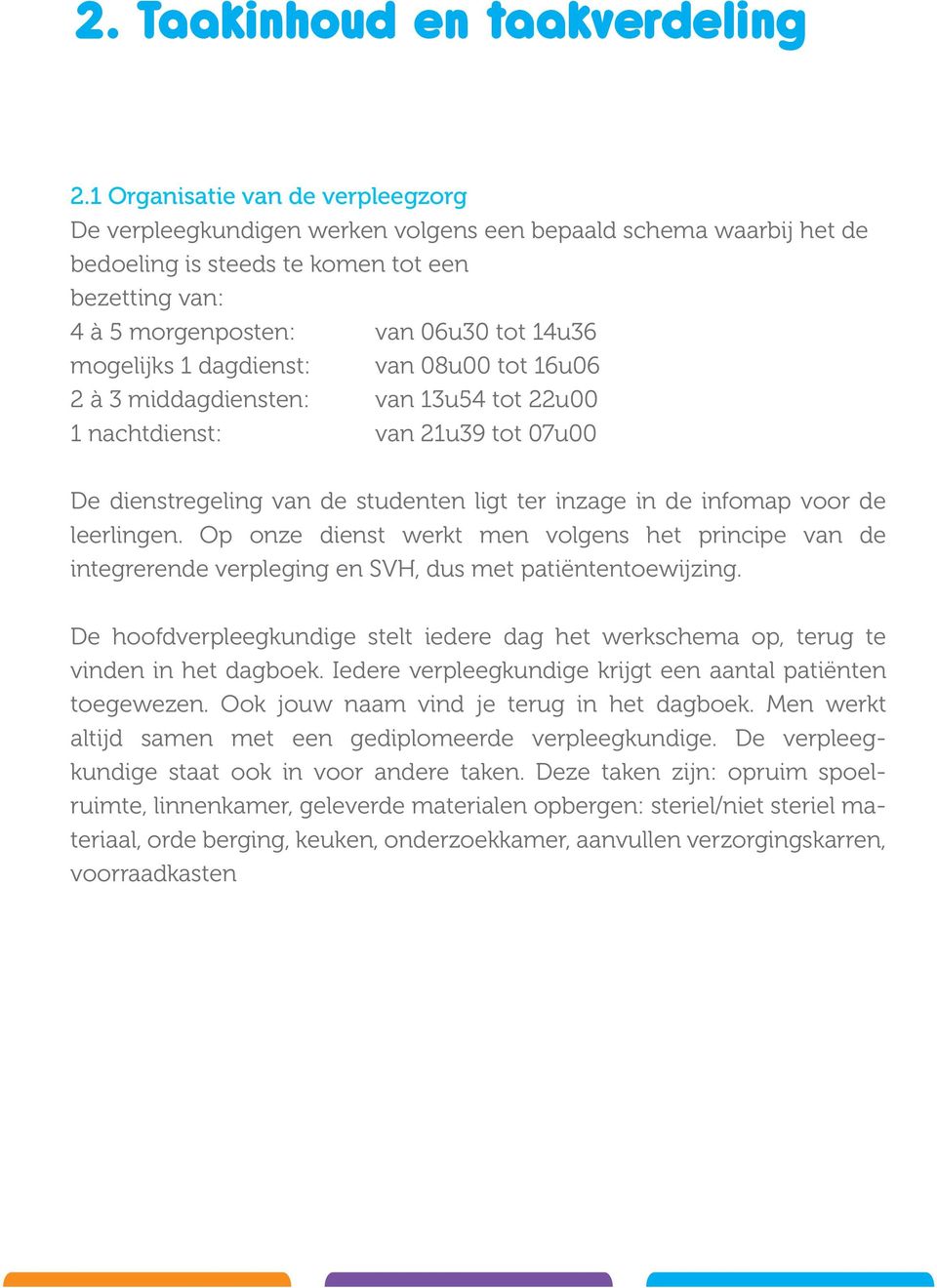 mogelijks 1 dagdienst: van 08u00 tot 16u06 2 à 3 middagdiensten: van 13u54 tot 22u00 1 nachtdienst: van 21u39 tot 07u00 De dienstregeling van de studenten ligt ter inzage in de infomap voor de