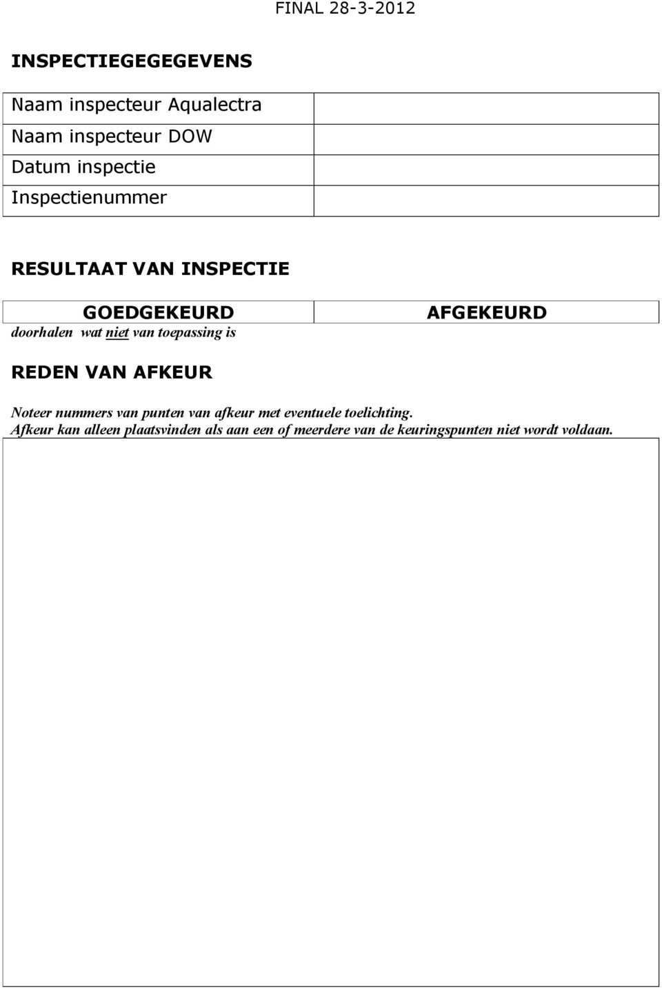 AFGEKEURD REDEN VAN AFKEUR Noteer nummers van punten van afkeur met eventuele toelichting.