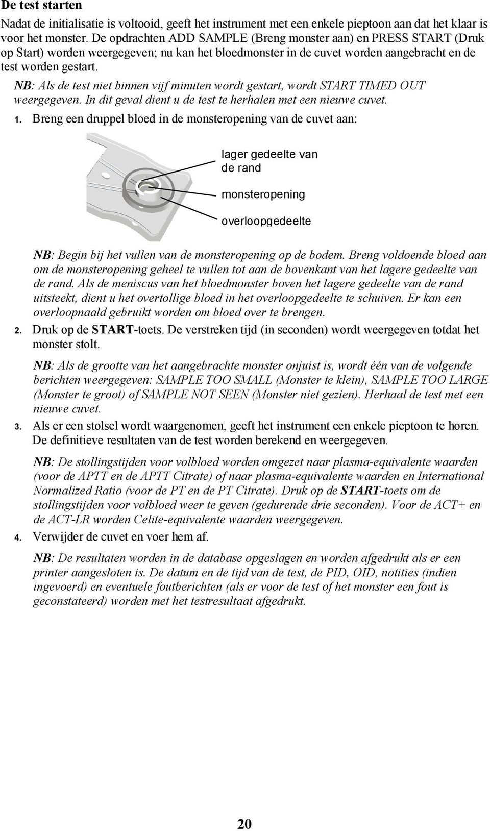 NB: Als de test niet binnen vijf minuten wordt gestart, wordt START TIMED OUT weergegeven. In dit geval dient u de test te herhalen met een nieuwe cuvet. 1.