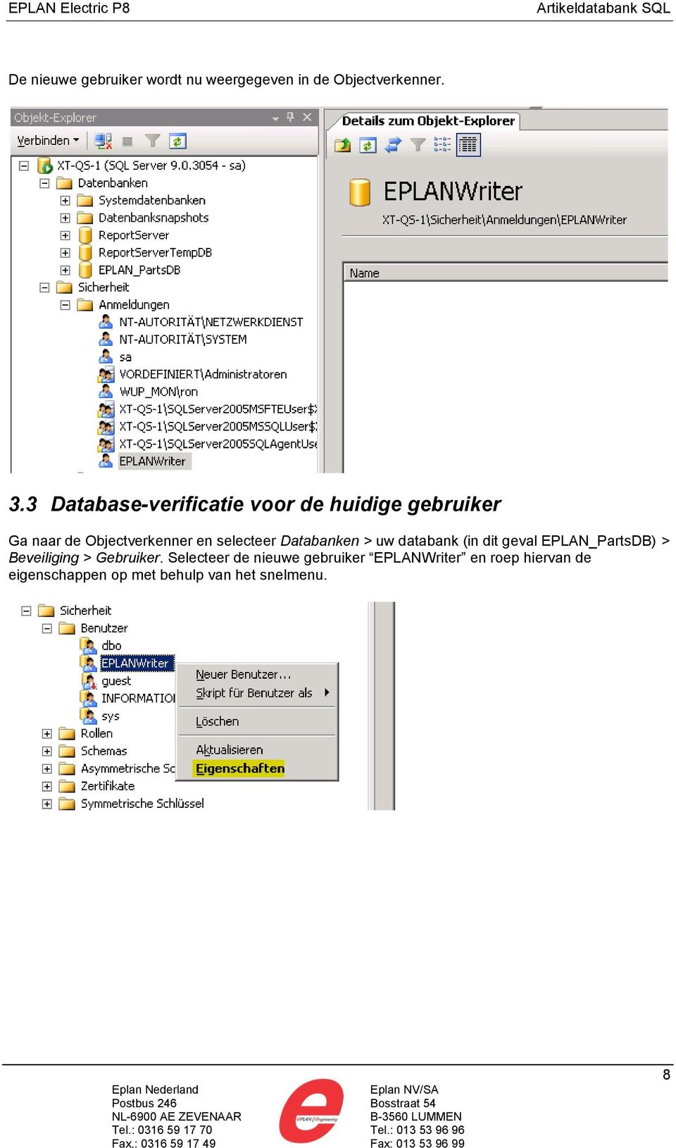 selecteer Databanken > uw databank (in dit geval EPLAN_PartsDB) > Beveiliging >