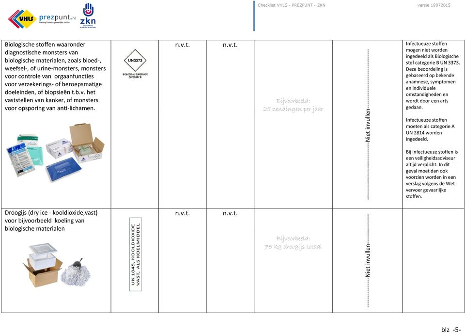b.v. het vaststellen van kanker, of monsters voor opsporing van anti-lichamen. 25 zendingen per ar Infectueuze stoffen mogen niet worden ingedeeld als Biologische stof categorie B UN 3373.
