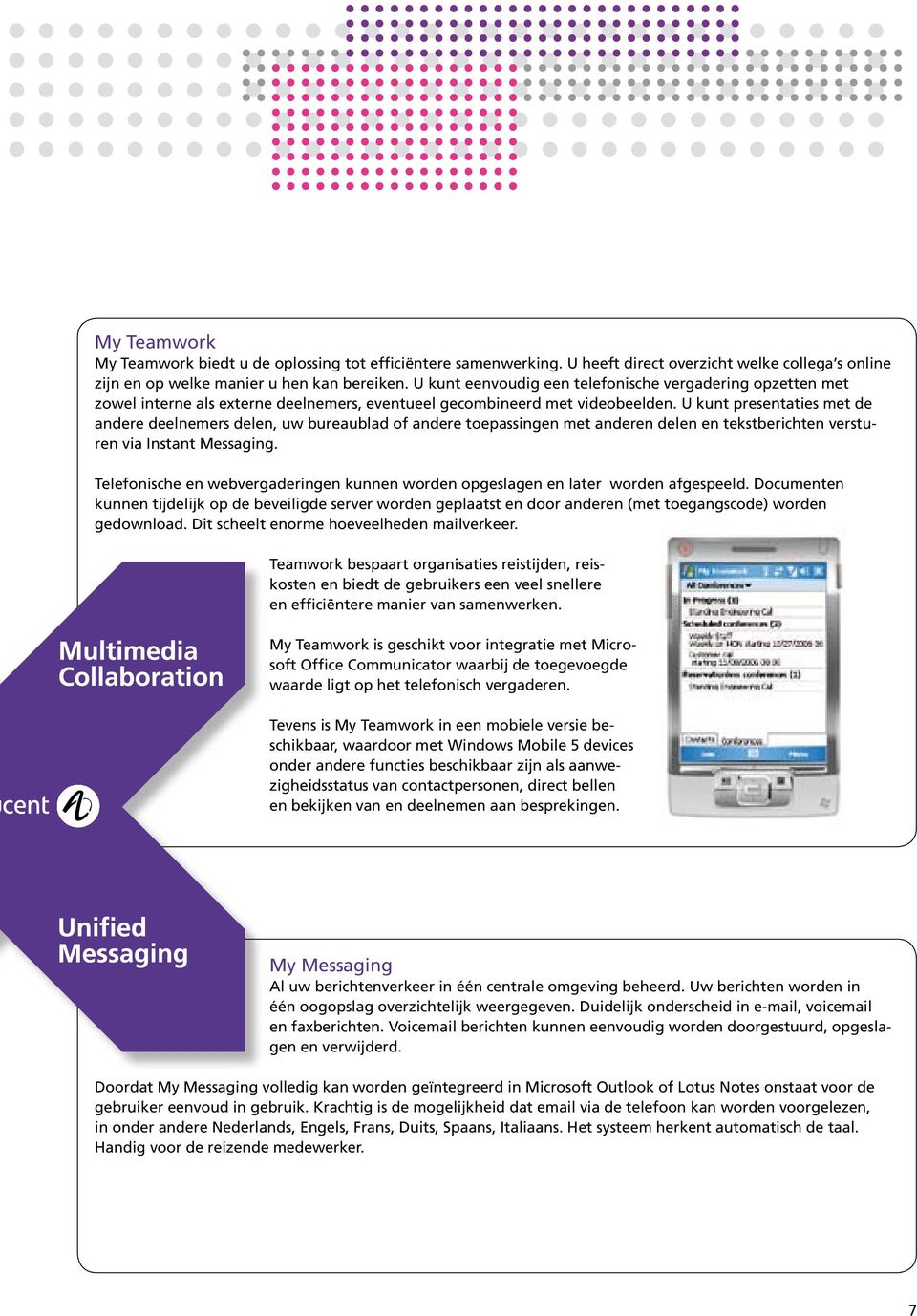 U kunt presentaties met de andere deelnemers delen, uw bureaublad of andere toepassingen met anderen delen en tekstberichten versturen via Instant Messaging.