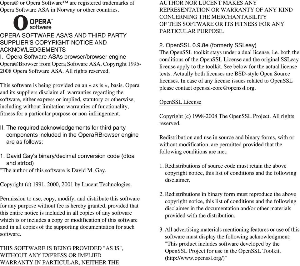 Opera and its suppliers disclaim all warranties regarding the software, either express or implied, statutory or otherwise, including without limitation warranties of functionality, fitness for a