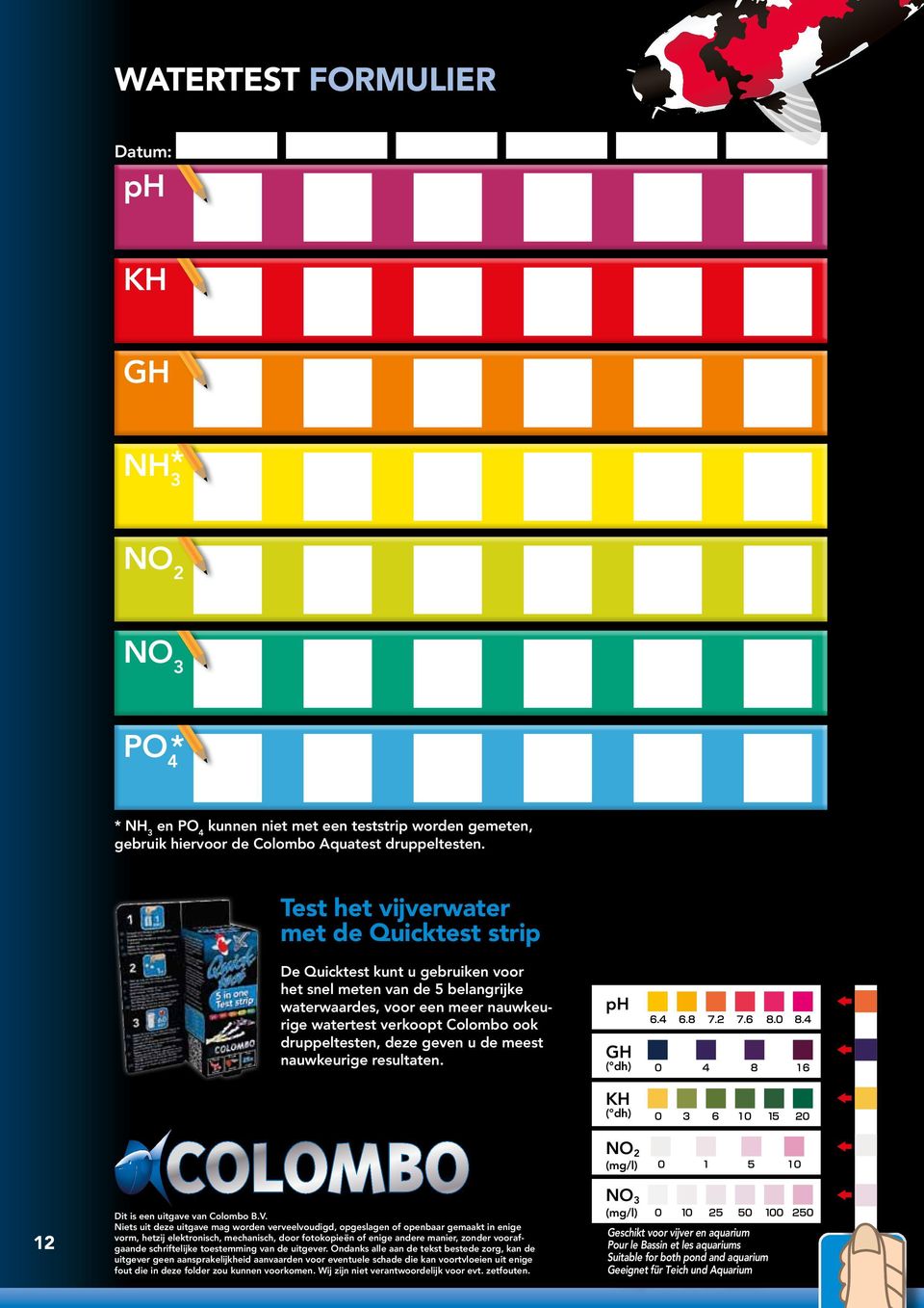 druppeltesten, deze geven u de meest nauwkeurige resultaten. ph GH ( dh) KH ( dh) NO 2 (mg/l) 12 Dit is een uitgave van Colombo B.V.