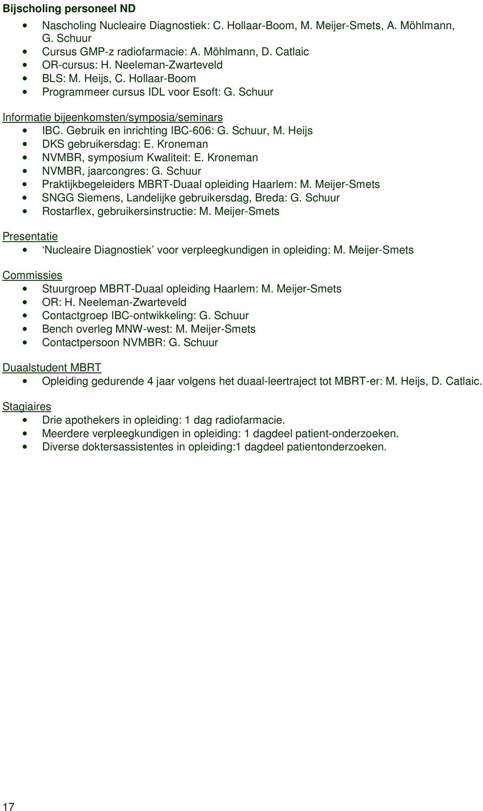 Heijs DKS gebruikersdag: E. Kroneman NVMBR, symposium Kwaliteit: E. Kroneman NVMBR, jaarcongres: G. Schuur Praktijkbegeleiders MBRT-Duaal opleiding Haarlem: M.