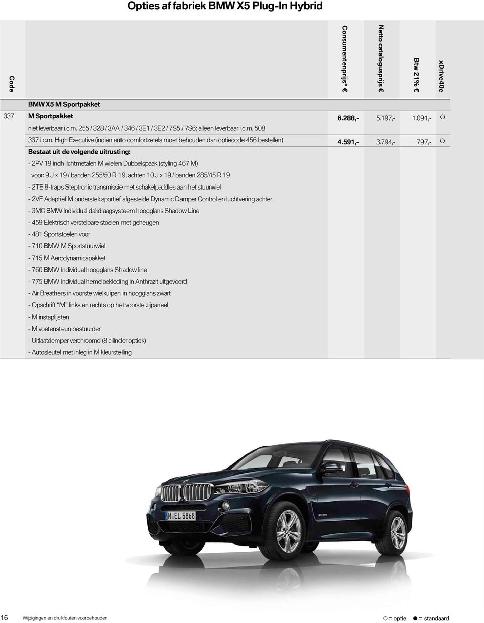 794,- 797,- Bestaat uit de volgende uitrusting: - 2PV 19 inch lichtmetalen M wielen Dubbelspaak (styling 467 M) voor: 9 J x 19 / banden 255/50 R 19, achter: 10 J x 19 / banden 285/45 R 19-2TE 8-traps