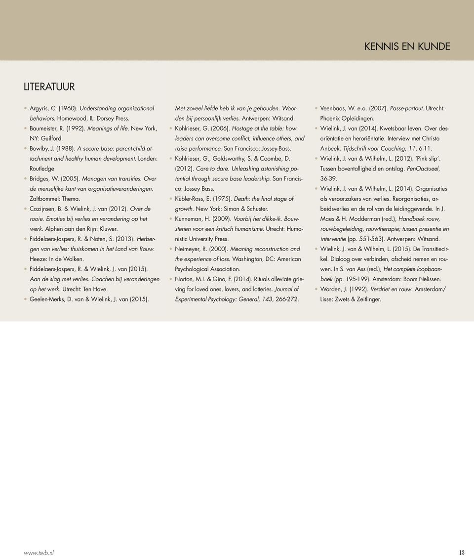 Zaltbommel: Thema. Cozijnsen, B. & Wielink, J. van (2012). Over de rooie. Emoties bij verlies en verandering op het werk. Alphen aan den Rijn: Kluwer. Fiddelaers-Jaspers, R. & Noten, S. (2013).