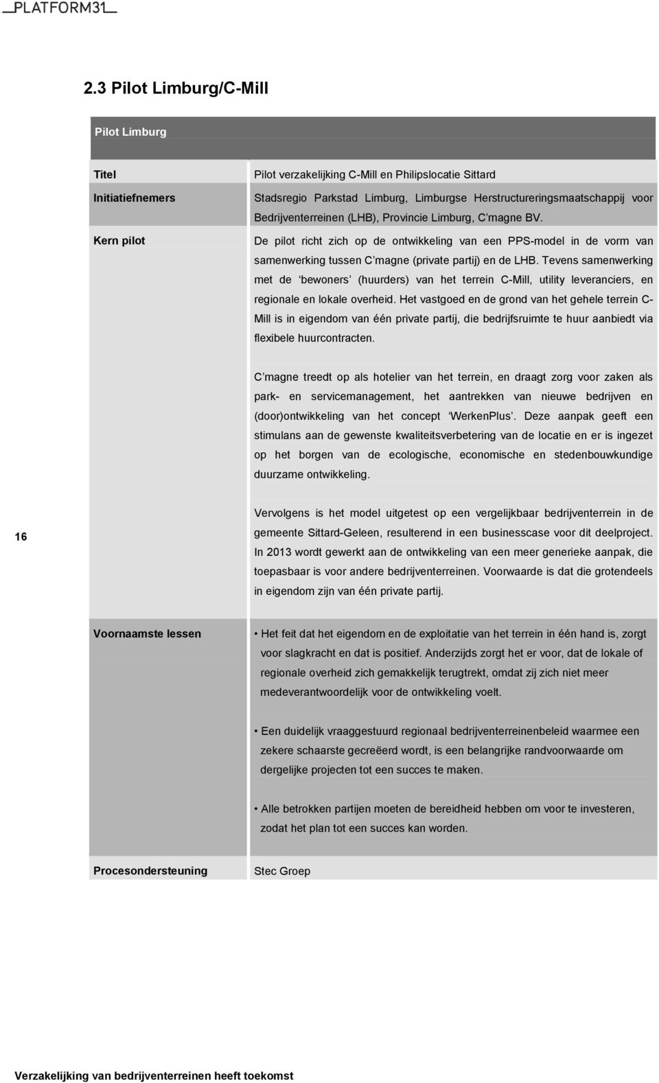 Tevens samenwerking met de bewoners (huurders) van het terrein C-Mill, utility leveranciers, en regionale en lokale overheid.