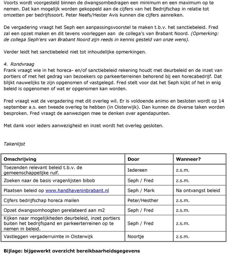 De vergadering vraagt het Seph een aanpassingsvoorstel te maken t.b.v. het sanctiebeleid. Fred zal een opzet maken en dit tevens voorleggen aan de collega s van Brabant Noord.