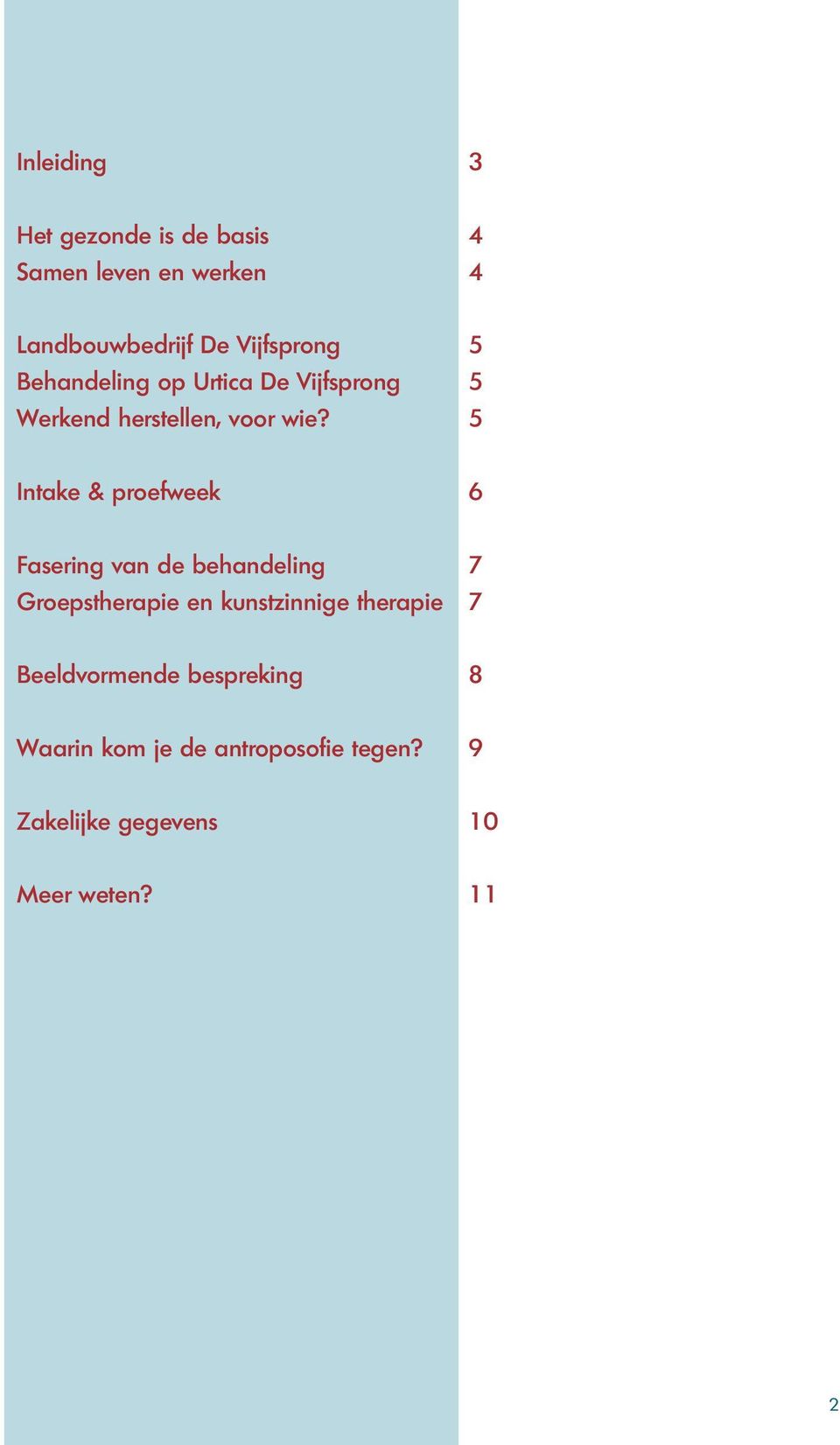 5 Intake & proefweek 6 Fasering van de behandeling 7 Groepstherapie en kunstzinnige