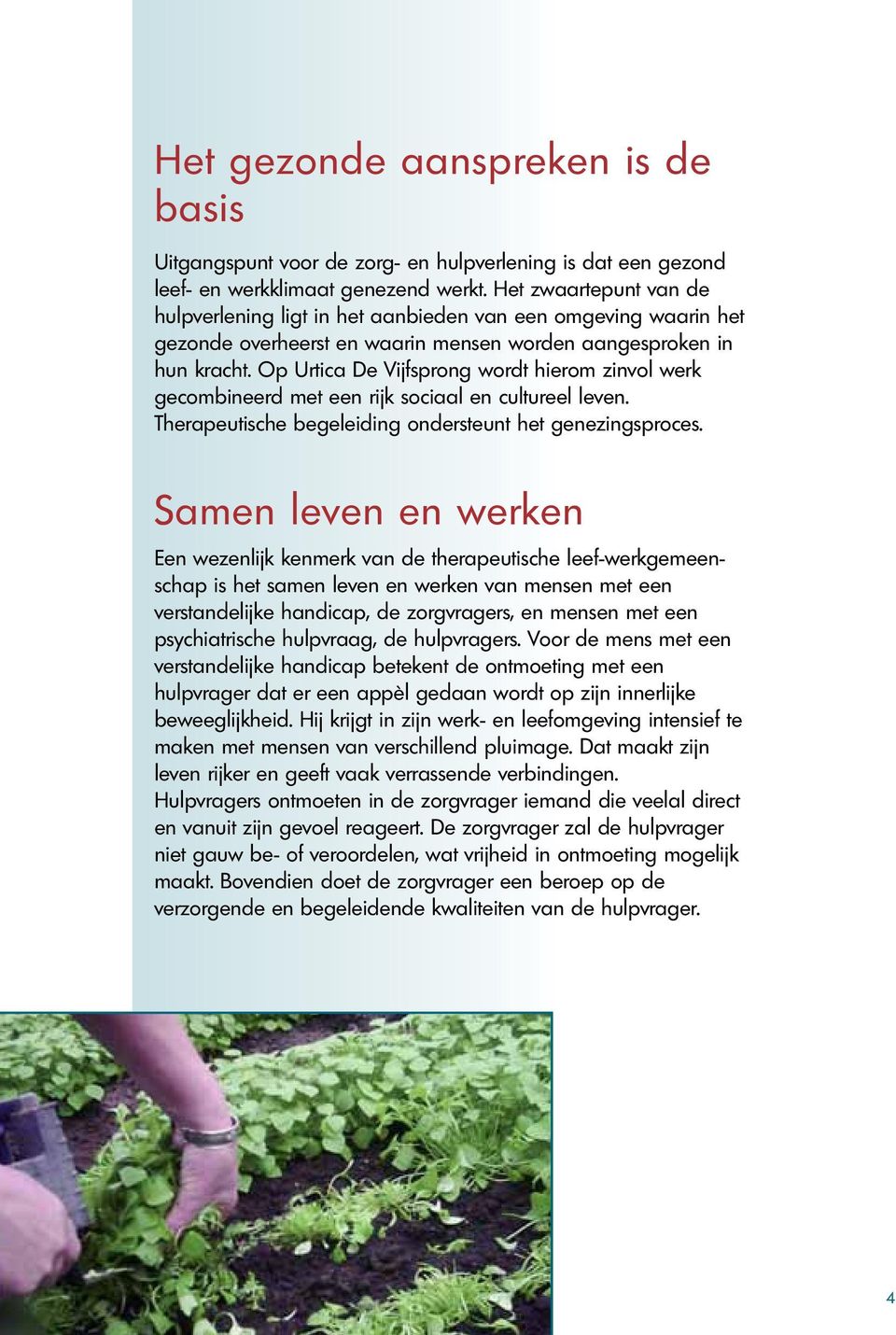 Op Urtica De Vijfsprong wordt hierom zinvol werk gecombineerd met een rijk sociaal en cultureel leven. Therapeutische begeleiding ondersteunt het genezingsproces.