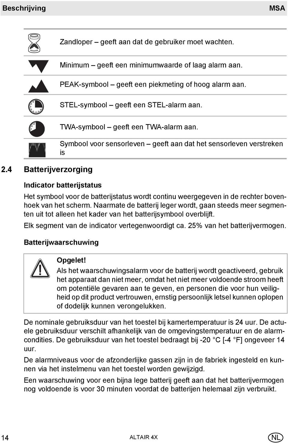 Symbool voor sensorleven geeft aan dat het sensorleven verstreken is Indicator batterijstatus Het symbool voor de batterijstatus wordt continu weergegeven in de rechter bovenhoek van het scherm.