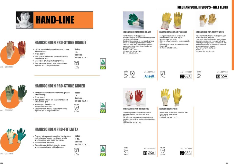 Goede snijweerstand en zeer goede grip op droge én natte of gladde oppervlakken. Geschikt voor: werkzaamheden met glas, dakpannen, keramiek, tinnen borden en gladde kunststof. 7 / 8 / 9 / 4.2.4.1.