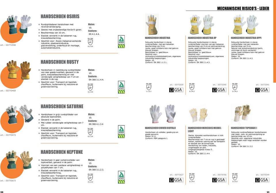 HANDSCHOEN RUSTY EN 4.1.4.4. 4.1.4.4 HANDSCHOEN INDUSTRIA Robuuste handschoen in stevig rundsnerfleder, met een katoenen beschermkap van 9 cm. Leuke, goed zichtbare look met gele en blauwe strepen.