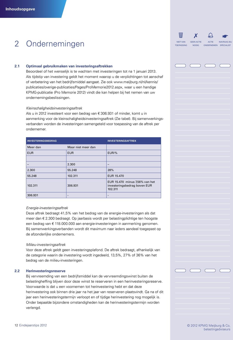 nl/nl/kennis/ publicaties/overige-publicaties/pages/promemorie2012.aspx, waar u een handige KPMG-publicatie (Pro Memorie 2012) vindt die kan helpen bij het nemen van uw ondernemingsbeslissingen.