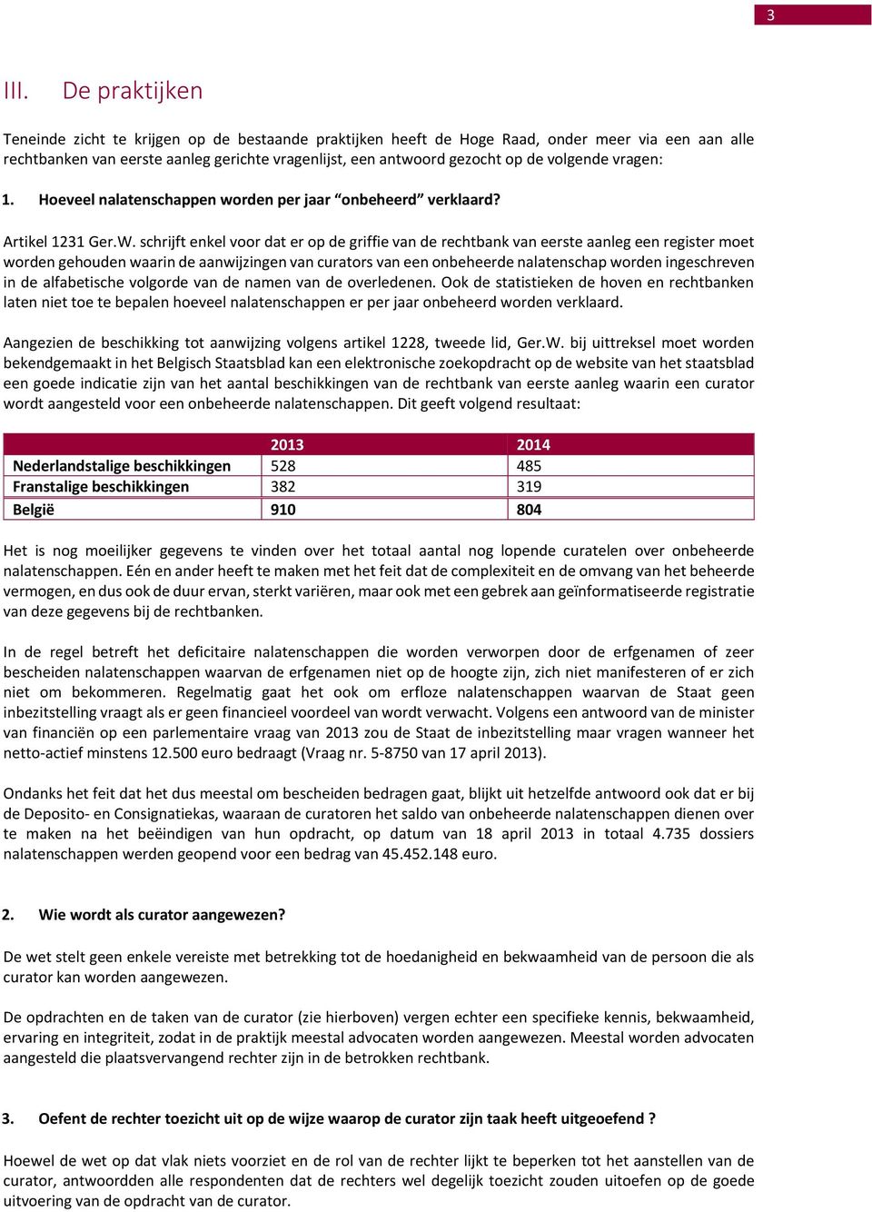 volgende vragen: 1. Hoeveel nalatenschappen worden per jaar onbeheerd verklaard? Artikel 1231 Ger.W.