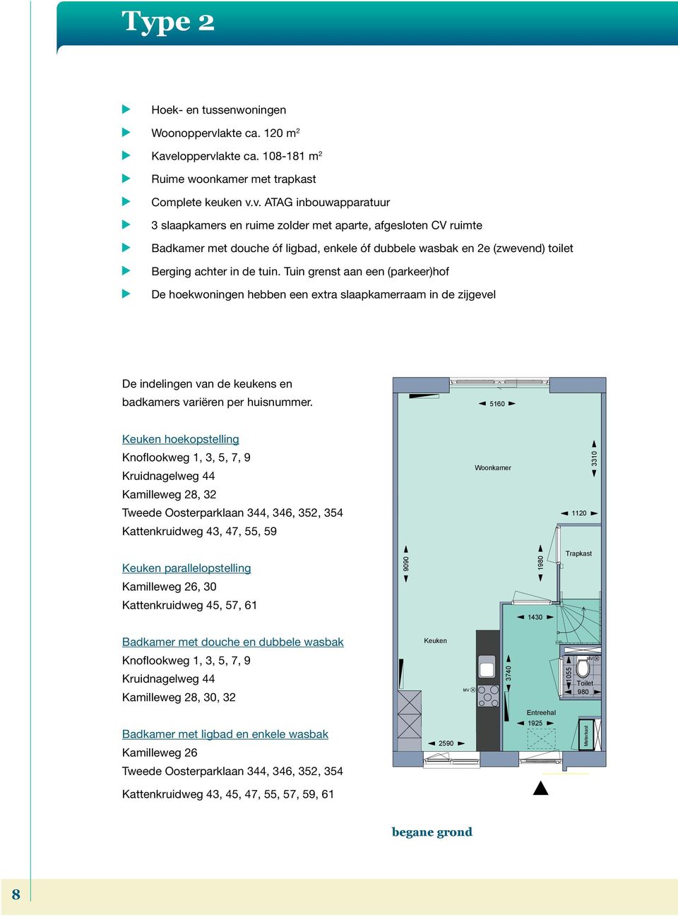 loppervlakte ca. 08-8 m Ruime woonkamer met trapkast Complete keuken v.v. ATAG inbouwapparatuur 3 slaapkamers en ruime zolder met aparte, afgesloten CV ruimte Badkamer met douche óf ligbad, enkele óf dubbele wasbak en e (zwevend) toilet Berging achter in de tuin.